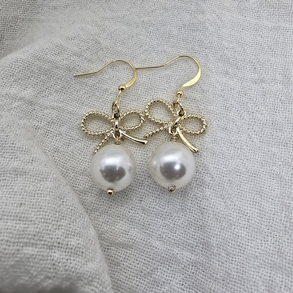 Gold Bow Pearl Drop Earrings - Women Jewelry